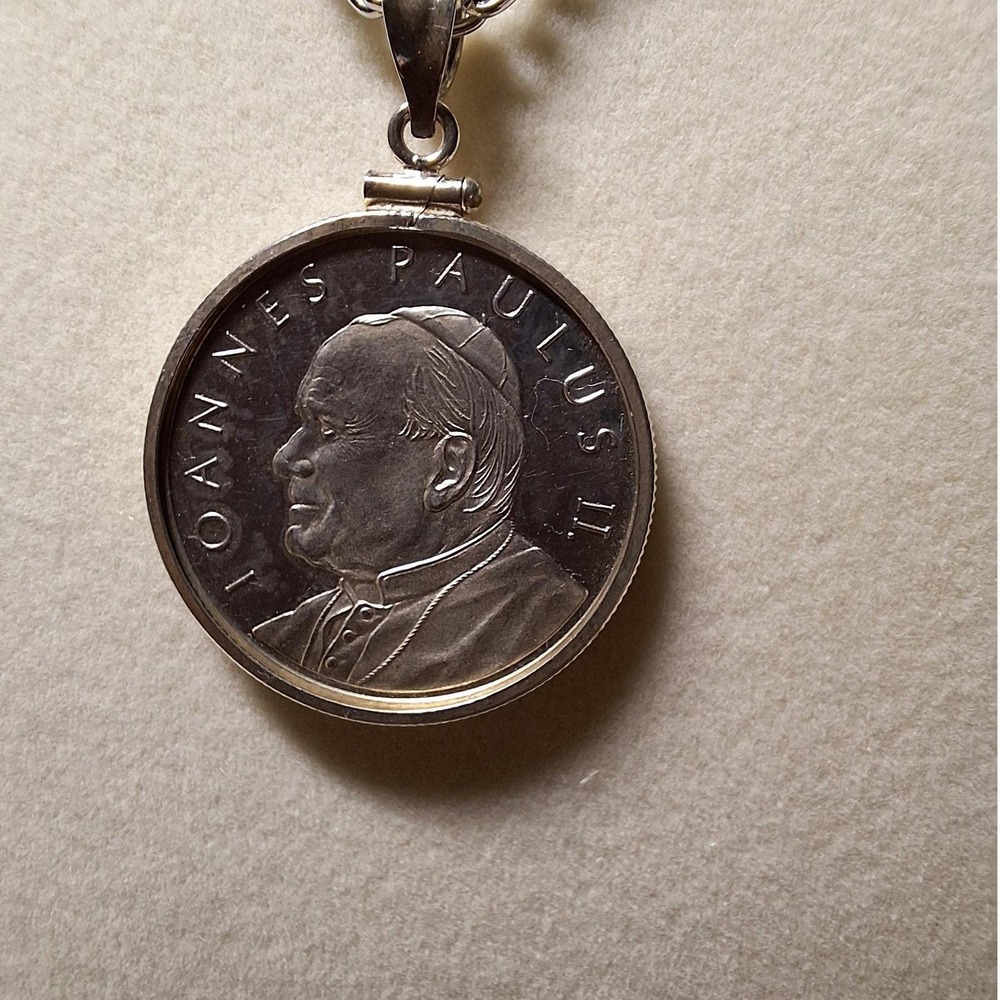 Pope John Paul coin pendant with sterling silver bezel chain not included